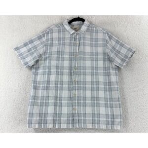 Folk Clothing Button-Up Shirt Mens Large Blue Plaid Cotton Linen Short Sleeve